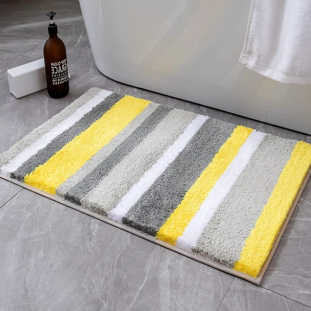 Main image of Floor Tub and Shower, Non Slip Fluffy Plush Machine Washable Quick Dry for Bathroom Decor, Small Soft Thick Microfiber Striped Bath Mat, Yellow Grey Bathroom Rug