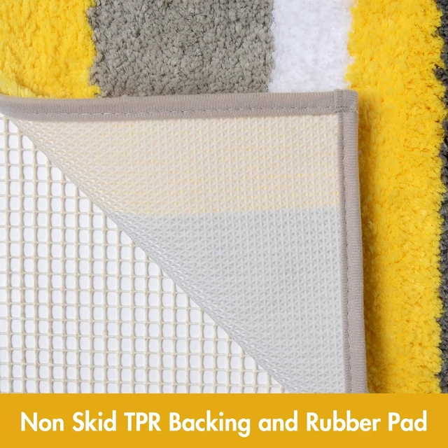 Alt view image 2 of 7 - Floor Tub and Shower, Non Slip Fluffy Plush Machine Washable Quick Dry for Bathroom Decor, Small Soft Thick Microfiber Striped Bath Mat, Yellow Grey Bathroom Rug
