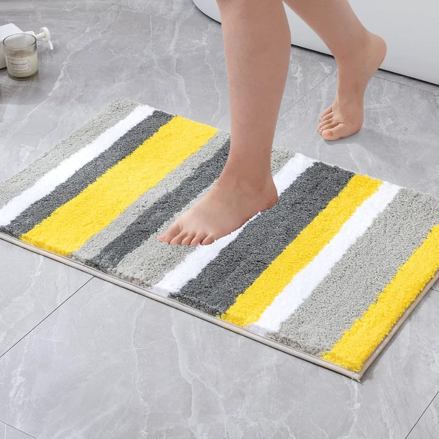 Alt view image 6 of 7 - Floor Tub and Shower, Non Slip Fluffy Plush Machine Washable Quick Dry for Bathroom Decor, Small Soft Thick Microfiber Striped Bath Mat, Yellow Grey Bathroom Rug