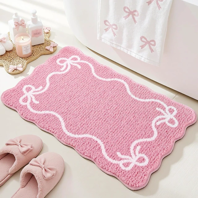 Alt view image 2 of 7 - Cute Pink Bow Bath Mat Soft Absorbent Non-Slip Bathroom Rug Machine Washable Floor Mat