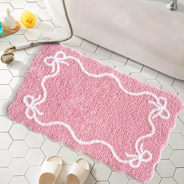 Main image of Cute Pink Bow Bath Mat Soft Absorbent Non-Slip Bathroom Rug Machine Washable Floor Mat
