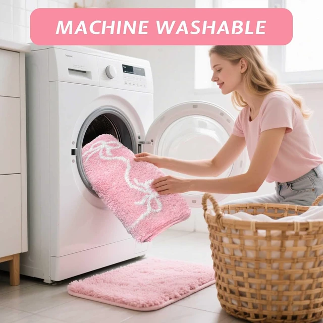 Alt view image 6 of 7 - Cute Pink Bow Bath Mat Soft Absorbent Non-Slip Bathroom Rug Machine Washable Floor Mat