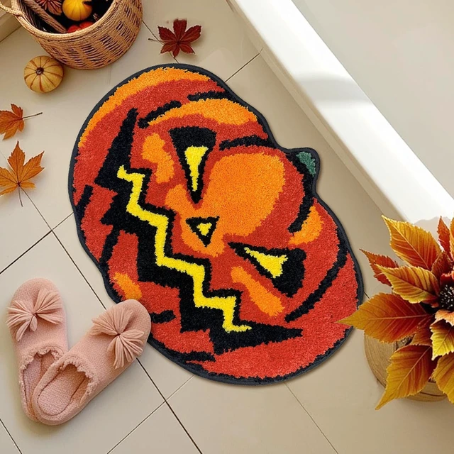 Alt view image 3 of 7 - Pumpkin Themed Bathroom Floor Decor, Pattern Halloween Bath Mat