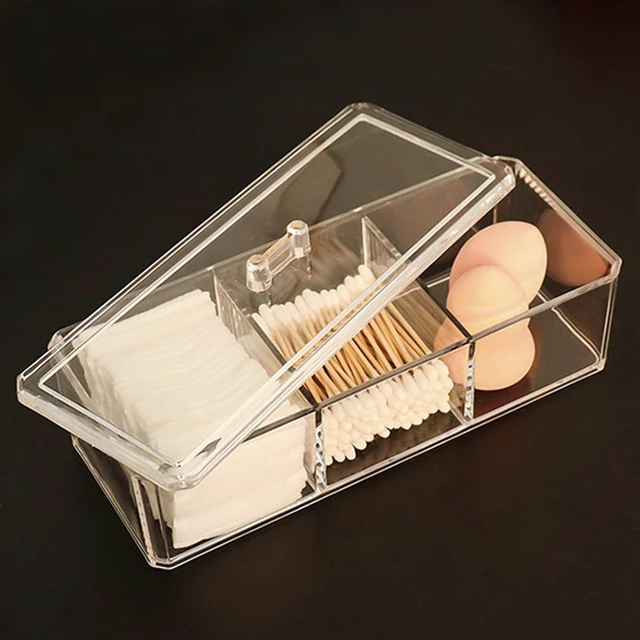 Main image of Hair Clips & Tea Bags, Clear Acrylic 3-Section Cotton Swab & Ball Dispenser with Lid - Bathroom Vanity Organizer for Makeup Pads