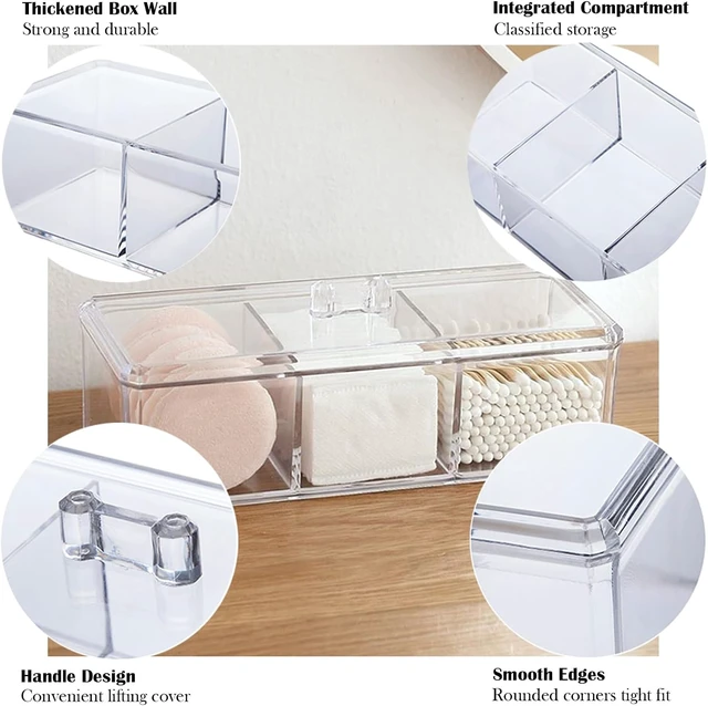 Alt view image 3 of 7 - Hair Clips & Tea Bags, Clear Acrylic 3-Section Cotton Swab & Ball Dispenser with Lid - Bathroom Vanity Organizer for Makeup Pads