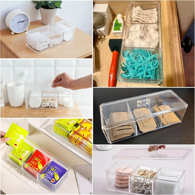 Alt view image 7 of 7 - Hair Clips & Tea Bags, Clear Acrylic 3-Section Cotton Swab & Ball Dispenser with Lid - Bathroom Vanity Organizer for Makeup Pads