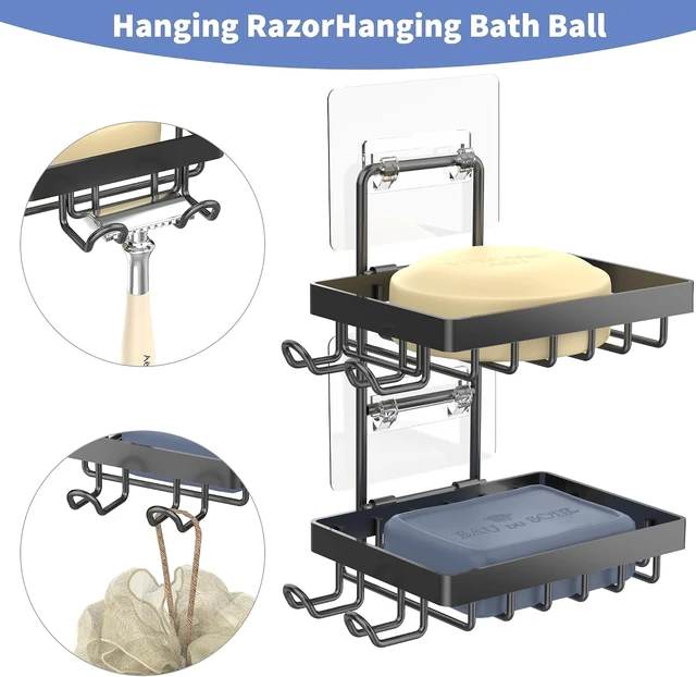 Alt view image 3 of 7 - Wall Mounted Bathroom Organizer for Shower, Stainless Steel Double Soap Dish with Hooks and Razor Slot