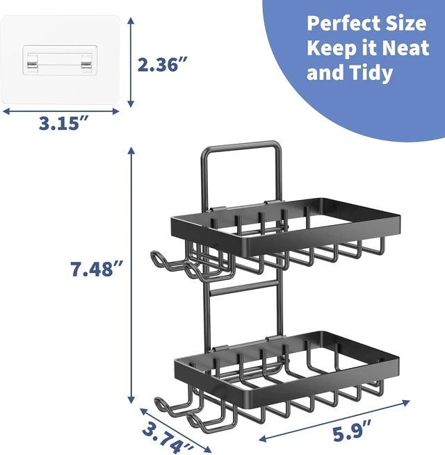 Alt view image 4 of 7 - Wall Mounted Bathroom Organizer for Shower, Stainless Steel Double Soap Dish with Hooks and Razor Slot
