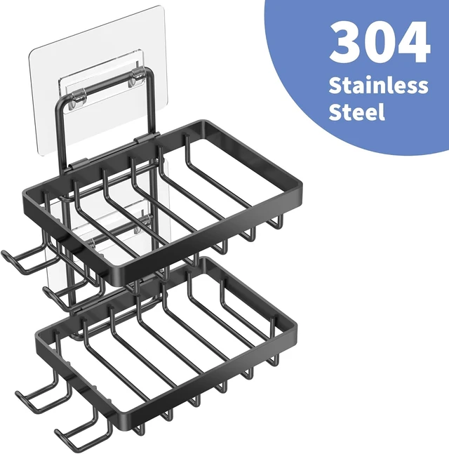 Alt view image 5 of 7 - Wall Mounted Bathroom Organizer for Shower, Stainless Steel Double Soap Dish with Hooks and Razor Slot