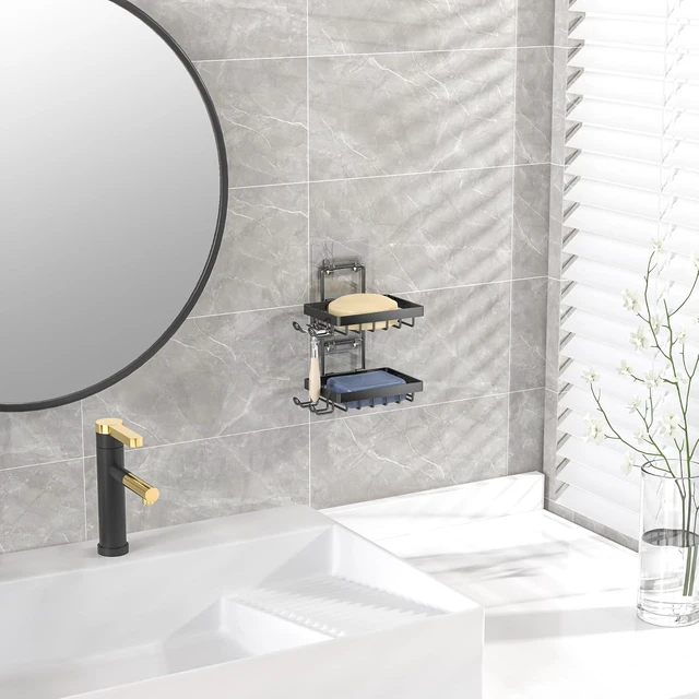 Alt view image 6 of 7 - Wall Mounted Bathroom Organizer for Shower, Stainless Steel Double Soap Dish with Hooks and Razor Slot