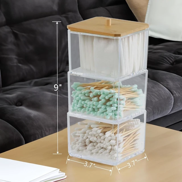Alt view image 2 of 6 - Cotton Balls & Swabs, Hair Accessories, 3-Section Plastic Storage Box for Makeup, Transparent Bathroom Vanity Organizer with Lid