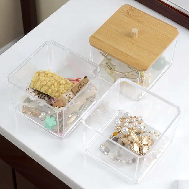 Alt view image 3 of 6 - Cotton Balls & Swabs, Hair Accessories, 3-Section Plastic Storage Box for Makeup, Transparent Bathroom Vanity Organizer with Lid
