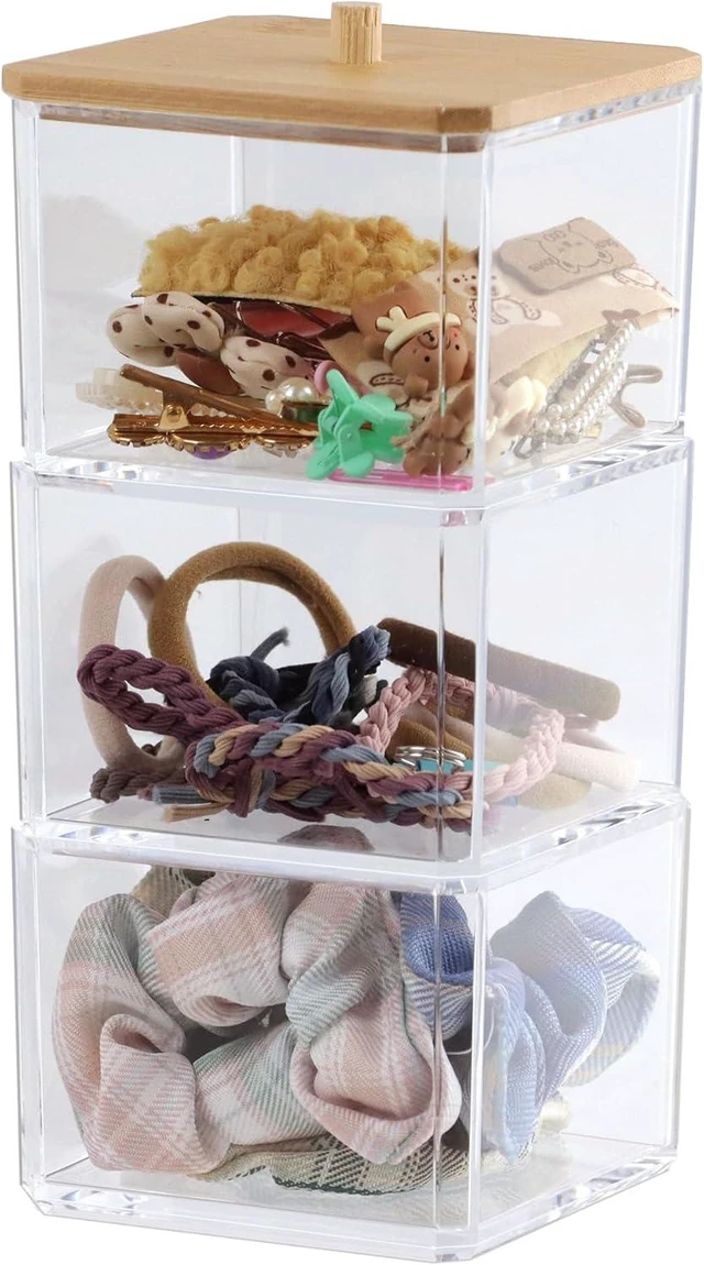 Main image of Cotton Balls & Swabs, Hair Accessories, 3-Section Plastic Storage Box for Makeup, Transparent Bathroom Vanity Organizer with Lid