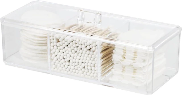 Main image of Pads & Floss Picks with Lid - Bathroom Vanity Storage Organizer, Swabs, Clear Acrylic Multi-Compartment Dispenser for Cotton Balls