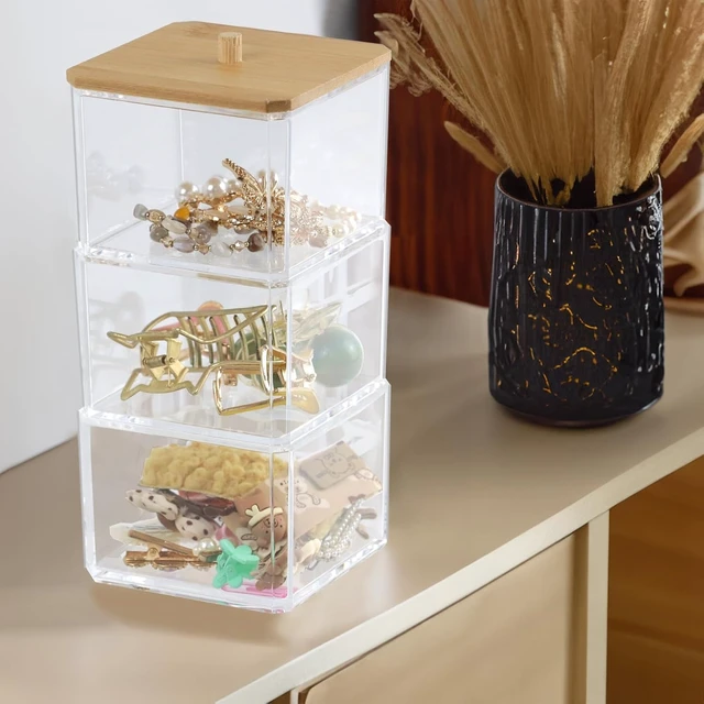 Alt view image 5 of 6 - Cotton Balls & Swabs, Hair Accessories, 3-Section Plastic Storage Box for Makeup, Transparent Bathroom Vanity Organizer with Lid