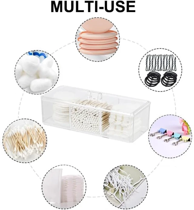 Alt view image 5 of 7 - Pads & Floss Picks with Lid - Bathroom Vanity Storage Organizer, Swabs, Clear Acrylic Multi-Compartment Dispenser for Cotton Balls