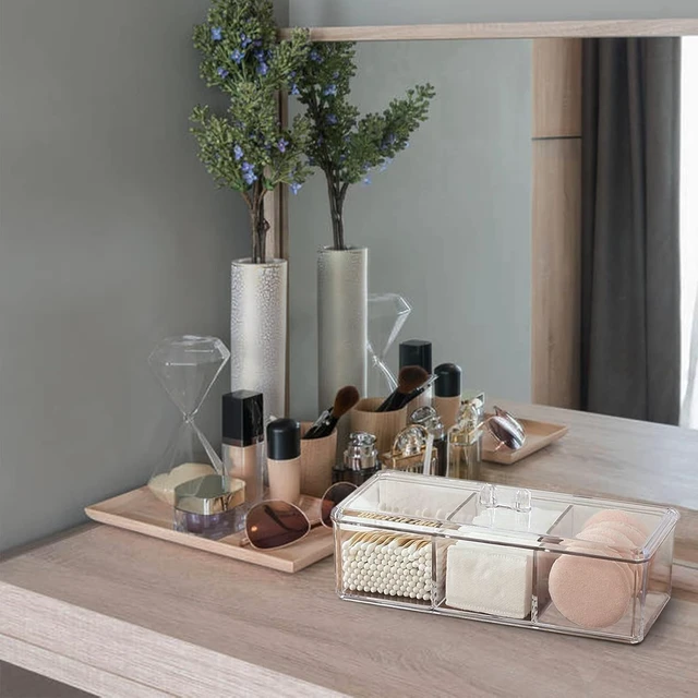 Alt view image 4 of 7 - Pads & Floss Picks with Lid - Bathroom Vanity Storage Organizer, Swabs, Clear Acrylic Multi-Compartment Dispenser for Cotton Balls
