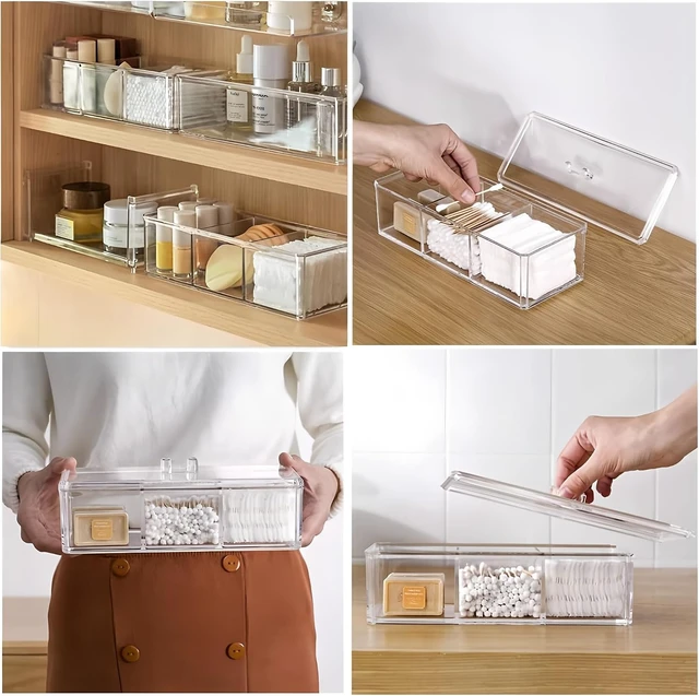 Alt view image 7 of 7 - Pads & Floss Picks with Lid - Bathroom Vanity Storage Organizer, Swabs, Clear Acrylic Multi-Compartment Dispenser for Cotton Balls