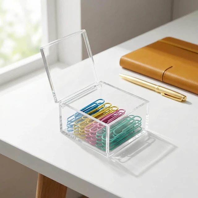 Alt view image 5 of 7 - Mini Clear Acrylic Storage Case with Lid for Office Desk Supplies Hair Ties Rubber Bands Sticky Notes and Paper Clips
