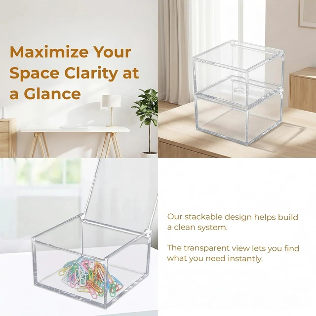 Alt view image 6 of 7 - Mini Clear Acrylic Storage Case with Lid for Office Desk Supplies Hair Ties Rubber Bands Sticky Notes and Paper Clips