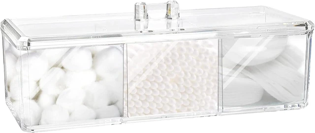 Main image of Triple-Section Cotton Ball Dispenser, Square Q-tip Storage Container with Lid