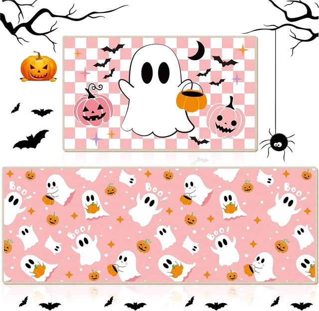 Main image of Pair of Pink Halloween Ghost Kitchen Floor Mats Non-Slip Bathroom Rugs