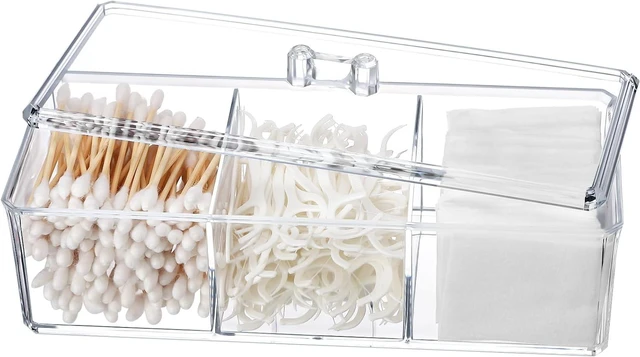 Main image of 3-Slot Bathroom Vanity Organizer for Makeup Pads and Cosmetics, Clear Acrylic Cotton Swab and Ball Storage Jar with Lid
