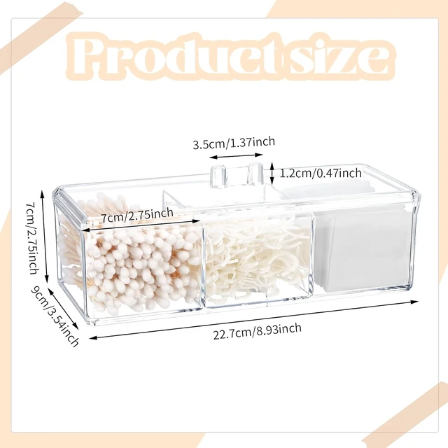 Alt view image 2 of 7 - 3-Slot Bathroom Vanity Organizer for Makeup Pads and Cosmetics, Clear Acrylic Cotton Swab and Ball Storage Jar with Lid