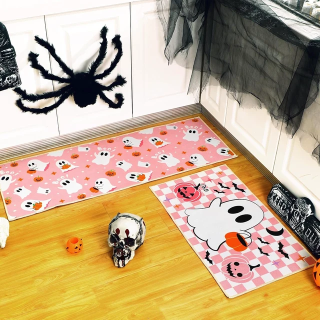 Alt view image 2 of 7 - Pair of Pink Halloween Ghost Kitchen Floor Mats Non-Slip Bathroom Rugs