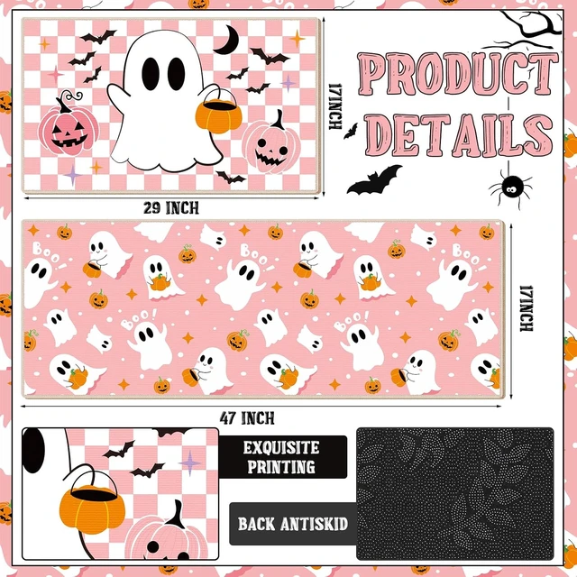 Alt view image 3 of 7 - Pair of Pink Halloween Ghost Kitchen Floor Mats Non-Slip Bathroom Rugs