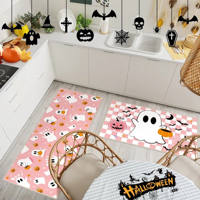 Alt view image 5 of 7 - Pair of Pink Halloween Ghost Kitchen Floor Mats Non-Slip Bathroom Rugs