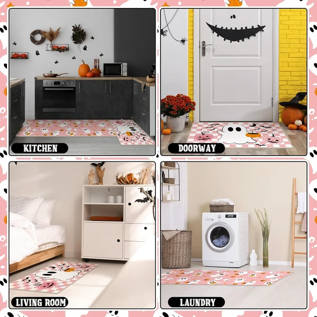 Alt view image 6 of 7 - Pair of Pink Halloween Ghost Kitchen Floor Mats Non-Slip Bathroom Rugs