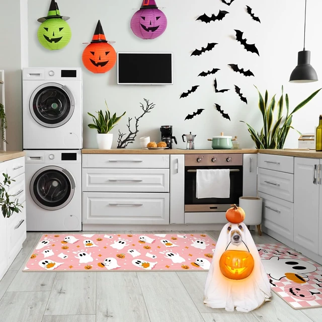 Alt view image 7 of 7 - Pair of Pink Halloween Ghost Kitchen Floor Mats Non-Slip Bathroom Rugs