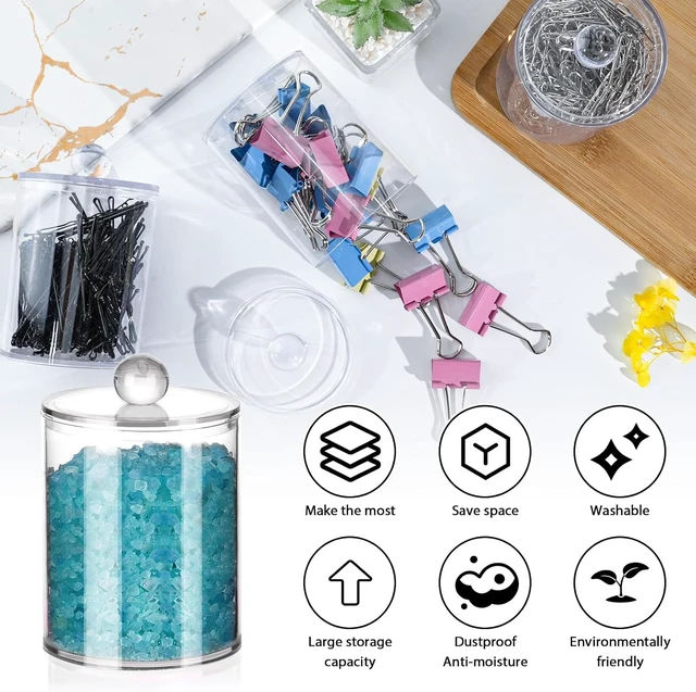Alt view image 3 of 7 - Clear Acrylic Cotton Swab & Ball Dispenser Jars with Lids (Set of 2)