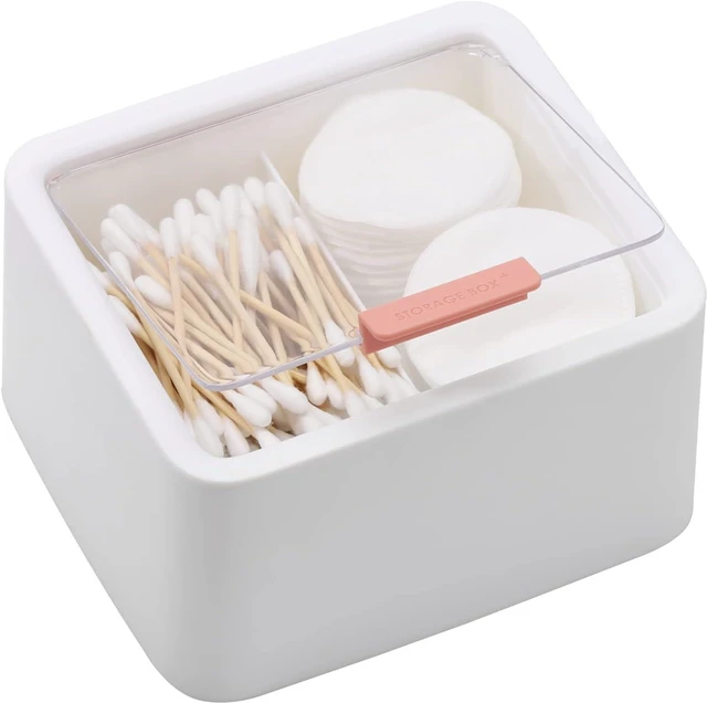 Main image of Dual Compartment Plastic Cotton Swab and Ball Dispenser with Flip Lid for Bathroom Vanity Storage Organization