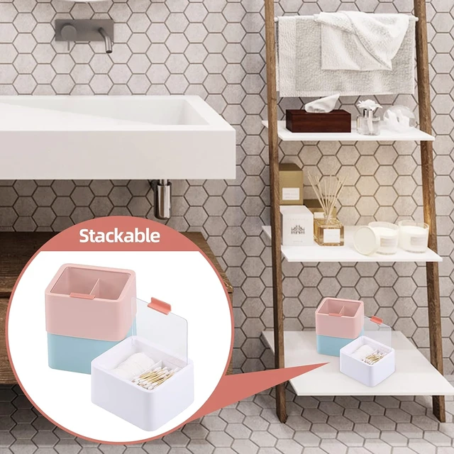 Alt view image 5 of 6 - Dual Compartment Plastic Cotton Swab and Ball Dispenser with Flip Lid for Bathroom Vanity Storage Organization