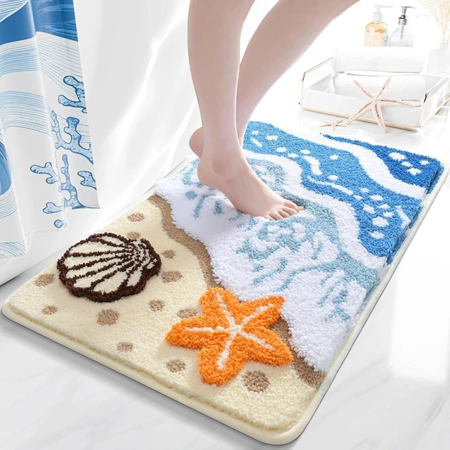 Main image of Soft Microfiber Non-Slip Washable Beach Theme Carpet for Home Decor, Nautical Starfish Shell Bath Mat, Ocean Wave Bathroom Rug