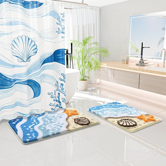 Alt view image 6 of 7 - Soft Microfiber Non-Slip Washable Beach Theme Carpet for Home Decor, Nautical Starfish Shell Bath Mat, Ocean Wave Bathroom Rug