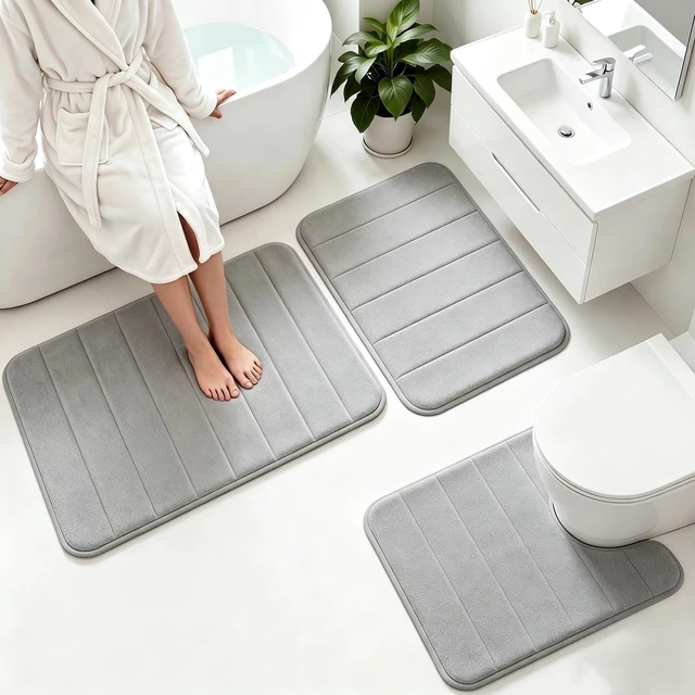 Main image of Quick-Dry Machine Washable Plush Floor Mats for Home Decor, 3-Piece Memory Foam Bath Mat Set - Ultra Soft & Absorbent Non-Slip Bathroom Rugs