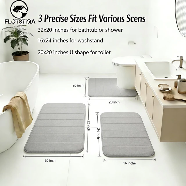 Alt view image 2 of 7 - Quick-Dry Machine Washable Plush Floor Mats for Home Decor, 3-Piece Memory Foam Bath Mat Set - Ultra Soft & Absorbent Non-Slip Bathroom Rugs