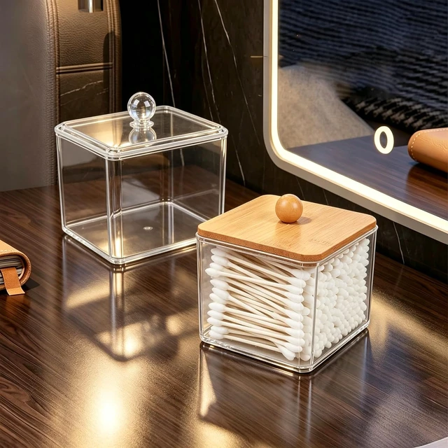 Alt view image 3 of 7 - Transparent Bathroom Vanity Organizer Canisters for Counter Storage, Acrylic Cotton Swab and Ball Dispenser with Lid