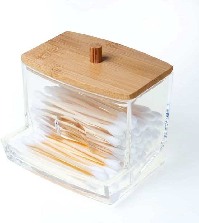 Main image of Toothpick Storage Container for Bathroom Vanity Decor Organizer, Square Plastic Q-tip Holder, Clear Acrylic Cotton Swab Dispenser with Bamboo Lid