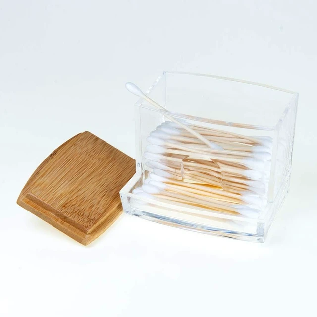 Alt view image 2 of 6 - Toothpick Storage Container for Bathroom Vanity Decor Organizer, Square Plastic Q-tip Holder, Clear Acrylic Cotton Swab Dispenser with Bamboo Lid