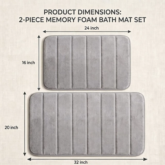 Alt view image 2 of 6 - 2-Piece Memory Foam Bath Mat Set - Ultra Soft Absorbent Quick-Dry Non-Slip Machine Washable Floor Rug for Tub Shower & Sink
