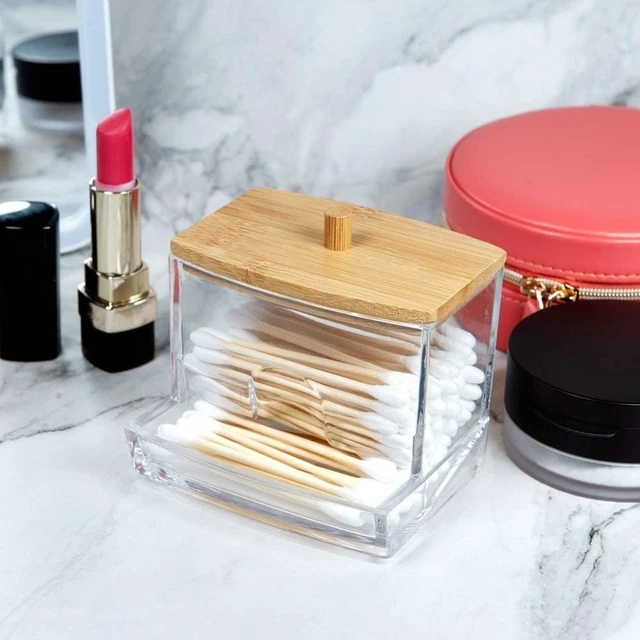 Alt view image 5 of 6 - Toothpick Storage Container for Bathroom Vanity Decor Organizer, Square Plastic Q-tip Holder, Clear Acrylic Cotton Swab Dispenser with Bamboo Lid