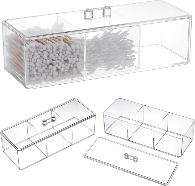Main image of Waterproof Vanity Organizer for Makeup Pads and Cosmetics, Triple-Compartment Cotton Swab & Ball Dispenser, Set of 3 Transparent Acrylic Storage Jars with Lids