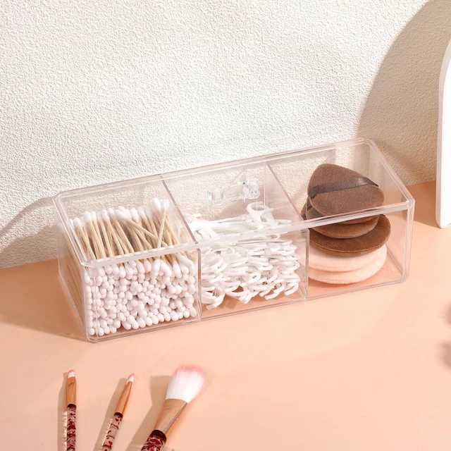 Alt view image 4 of 7 - Waterproof Vanity Organizer for Makeup Pads and Cosmetics, Triple-Compartment Cotton Swab & Ball Dispenser, Set of 3 Transparent Acrylic Storage Jars with Lids