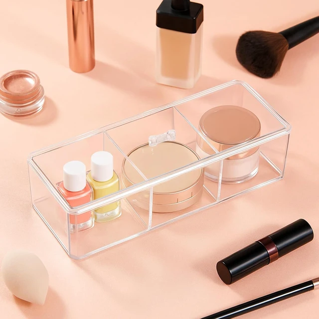 Alt view image 5 of 7 - Waterproof Vanity Organizer for Makeup Pads and Cosmetics, Triple-Compartment Cotton Swab & Ball Dispenser, Set of 3 Transparent Acrylic Storage Jars with Lids