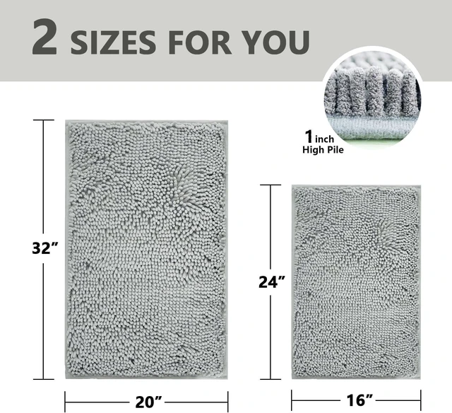Alt view image 3 of 7 - Machine Washable Floor Mats, Ultra-Soft Absorbent Bath Mats with Non-Slip PVC Backing, 2-Piece Chenille Bathroom Rug Set