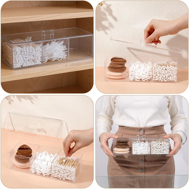 Alt view image 6 of 7 - Waterproof Vanity Organizer for Makeup Pads and Cosmetics, Triple-Compartment Cotton Swab & Ball Dispenser, Set of 3 Transparent Acrylic Storage Jars with Lids
